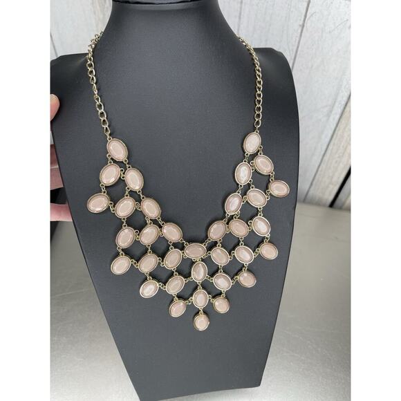 Necklace Taupe Pink Bib Statement Gold Link Y2K - Picture 2 of 4